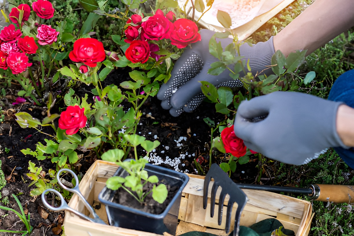 close-up of a woman fertilizing a rose bush