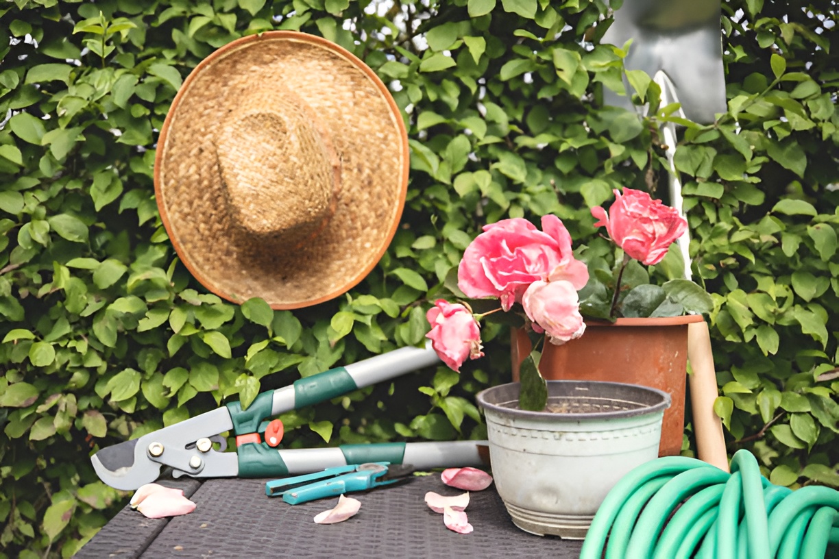 pink roses in a pot and pruning scissors